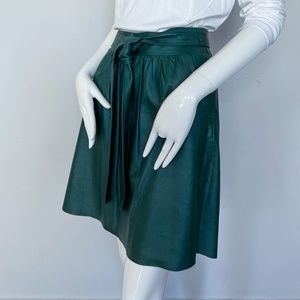 Elie Tahari | PARKER Lamb Leather Knee Length Belted A-line Skirt Pine Green 4